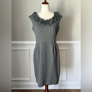 London Times Gray Sheath Dress with Ruffled Neckline size 8